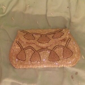 Chic Beaded Cream Clutch
